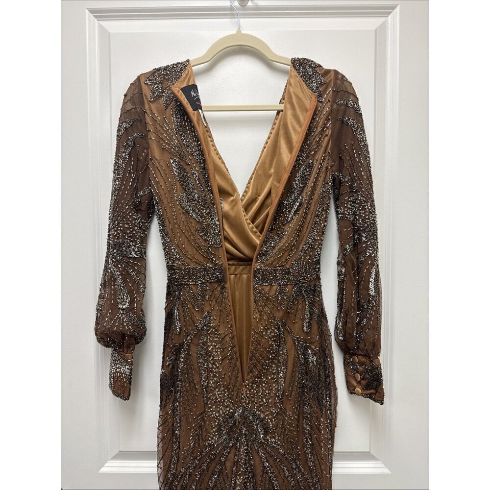 MAC DUGGAL Size 0 Brown 5295 BEADED LONG SLEEVE MIDI COCKTAIL Party DRESS  New - Picture 9 of 11